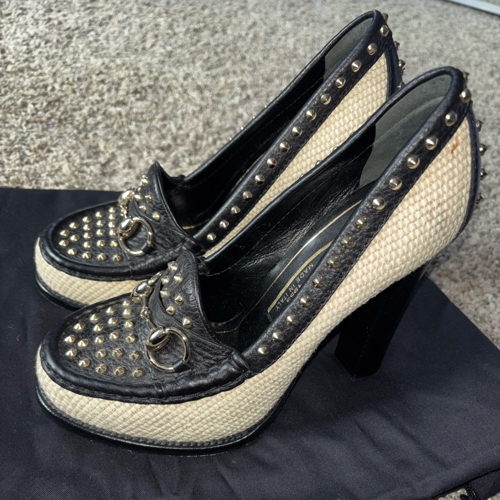 Gucci Black and Cream Studded Heels